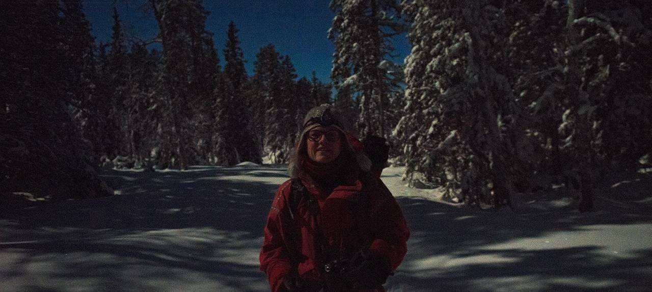 Kvinna i snöklädd skog upplyst av månske.