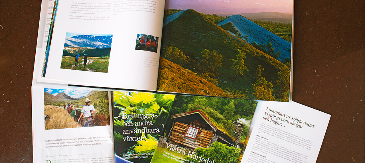 Uppslagen bok med naturbilder, olika broschyrer, samt ett uppslaget magasin med ett reportage.
